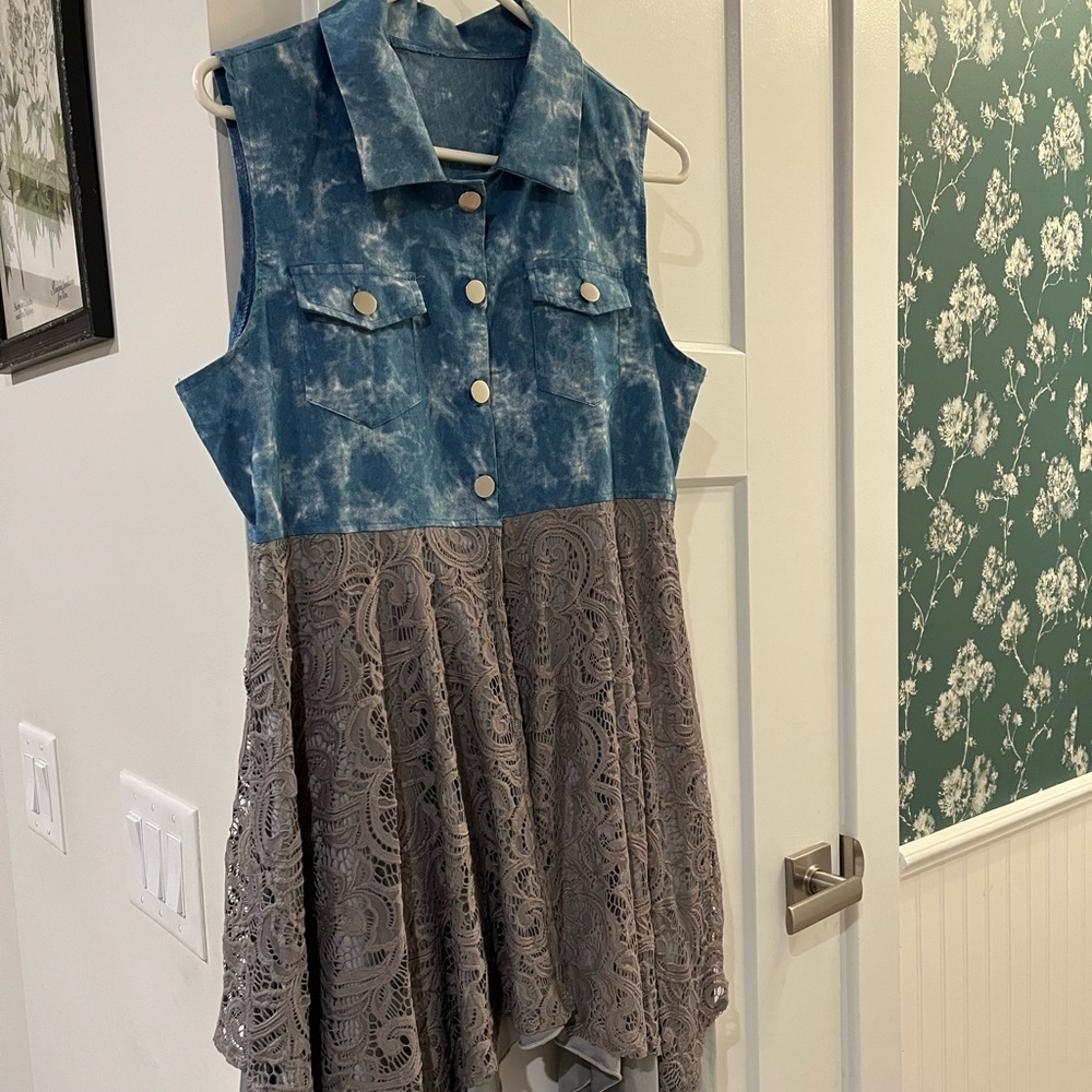 Sleeveless Two-Tone Blue Faux Denim and Gray Lace Dress